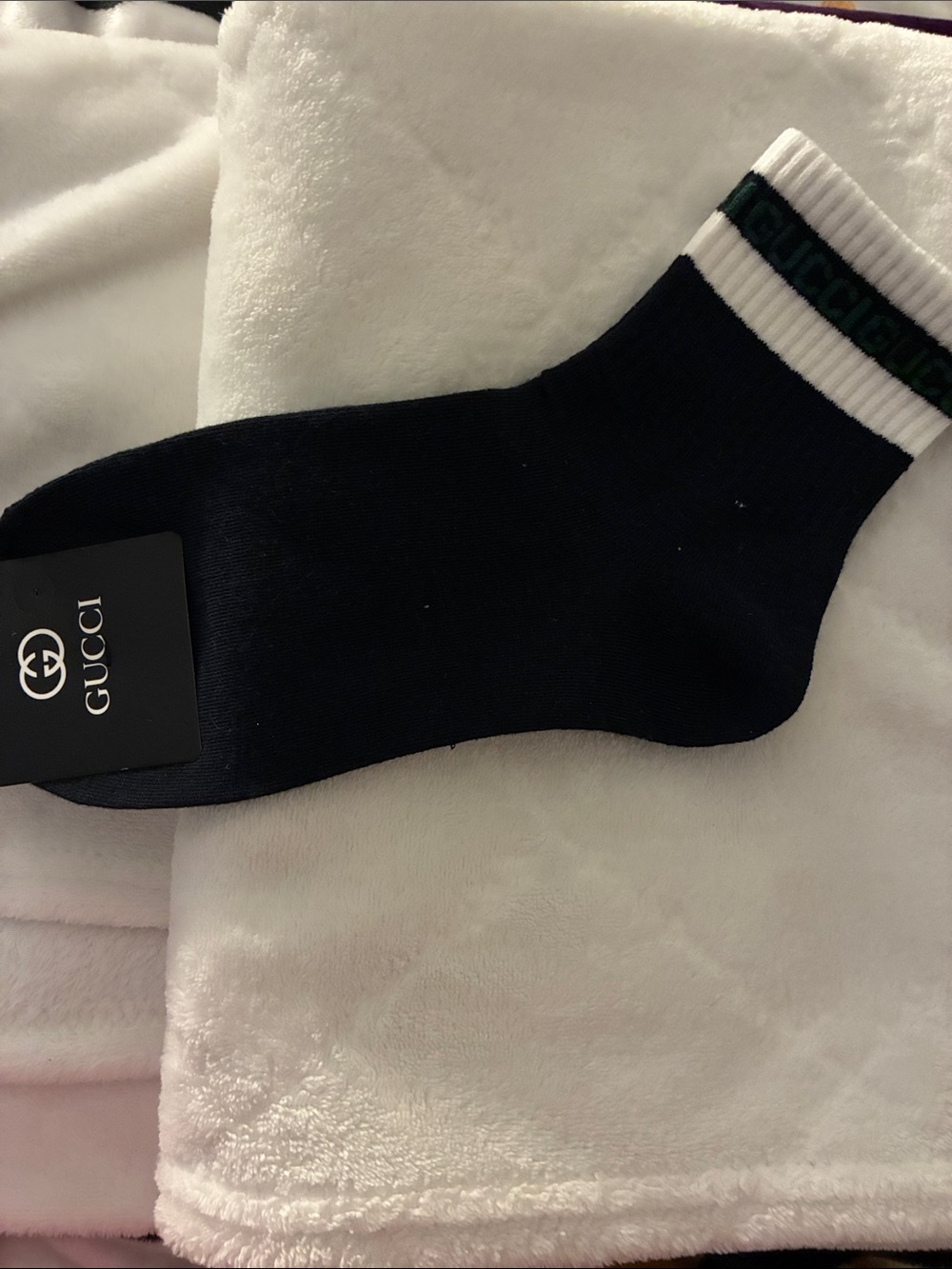 Gucci Men’s Navy Sock with White Cuff and Green Stripe